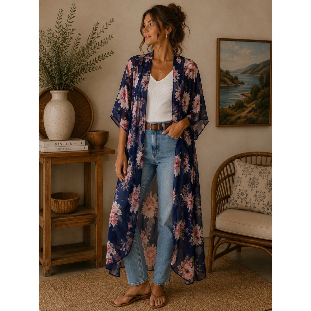 Band of Gypsies Floral Kimono Duster Sheer Longline Boho Festival Layering Small